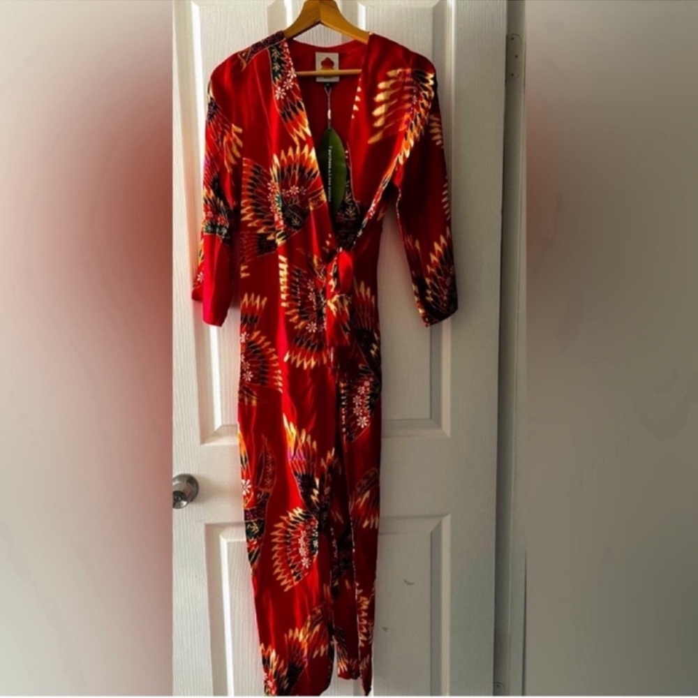Farm Rio Red Wonderful Toucans beaded jumpsuit 
Size XS